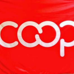 Coop logo with white letters on bright red background
